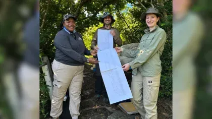 Three people hold a long sheet of paper that shows a tree of life