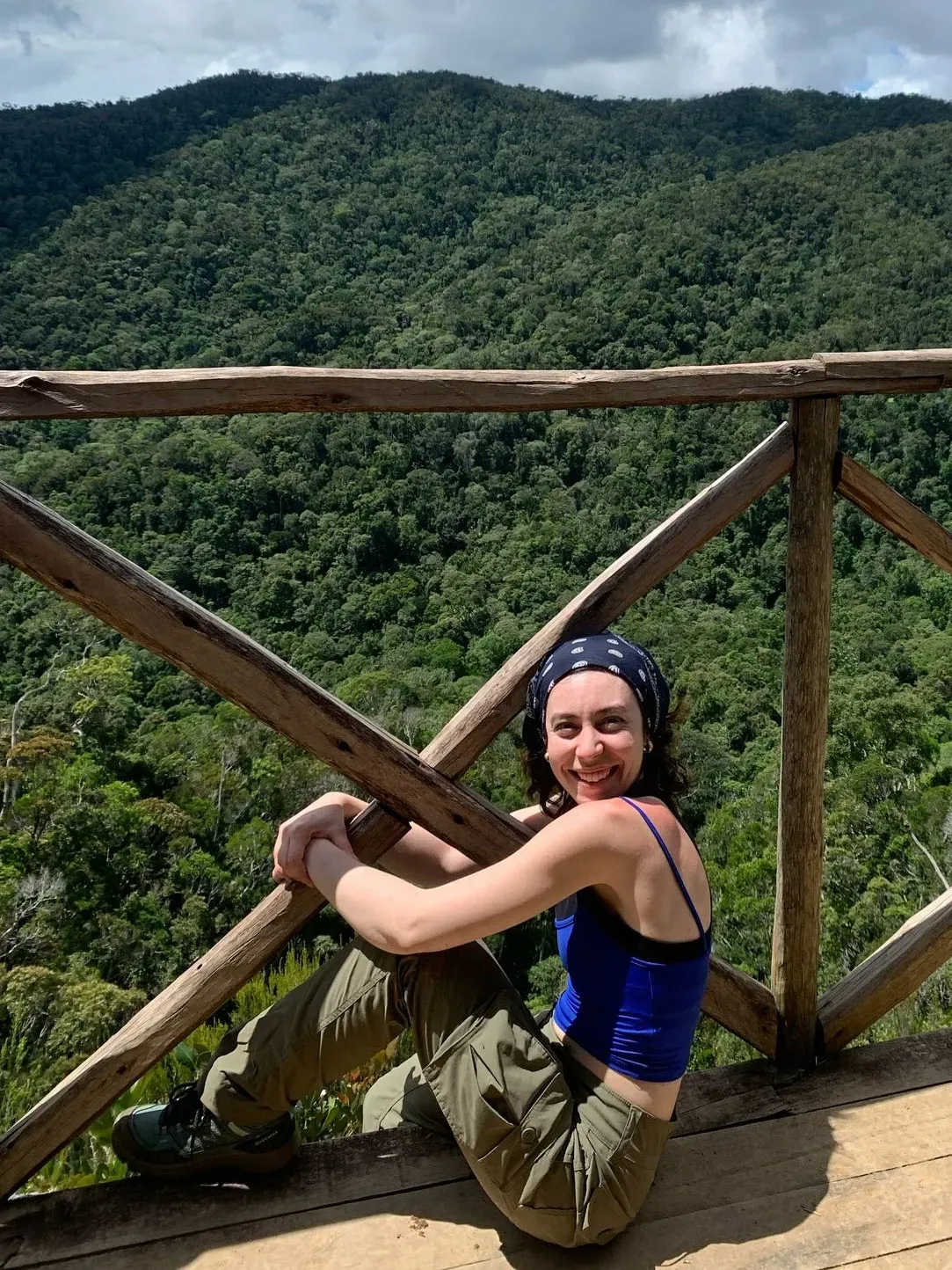 A person leaning on a railing with a forest view in the background