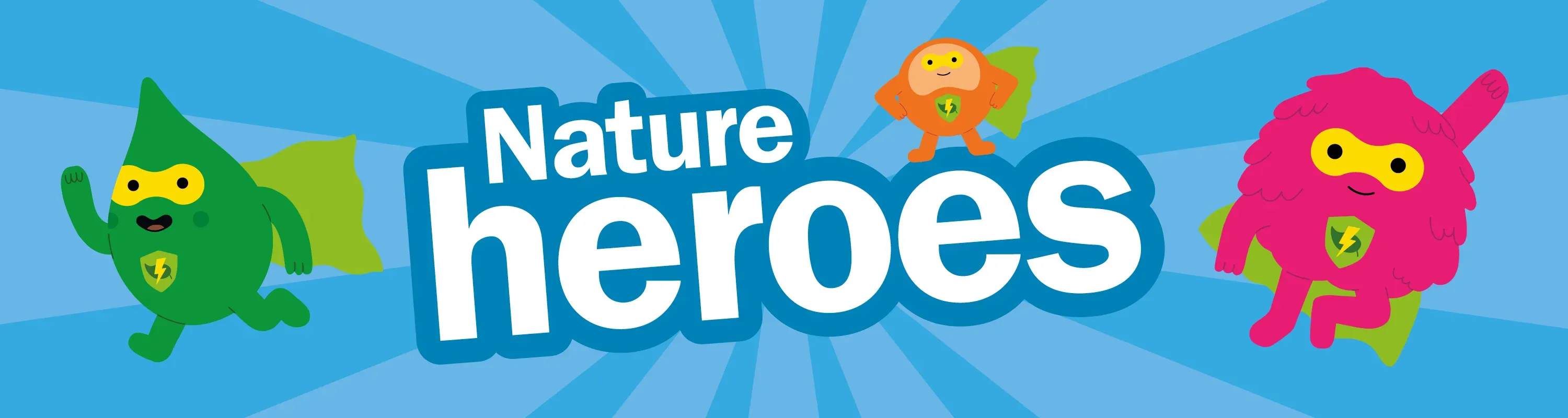 An illustrated banner with the words Nature Heroes and colourful super hero characters