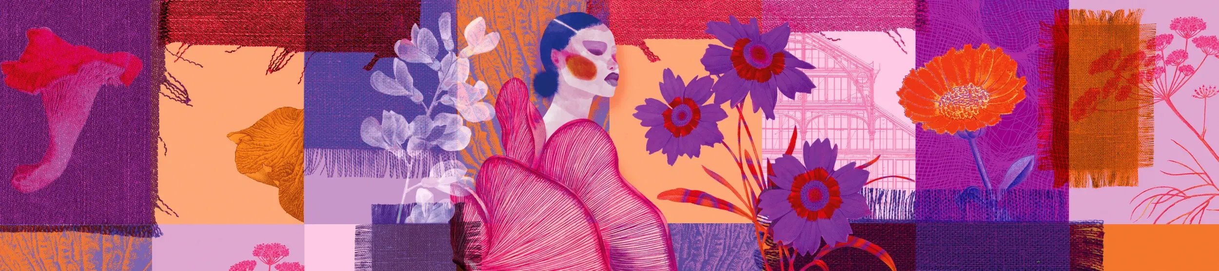 A colourful patchwork of material, plants and fungi