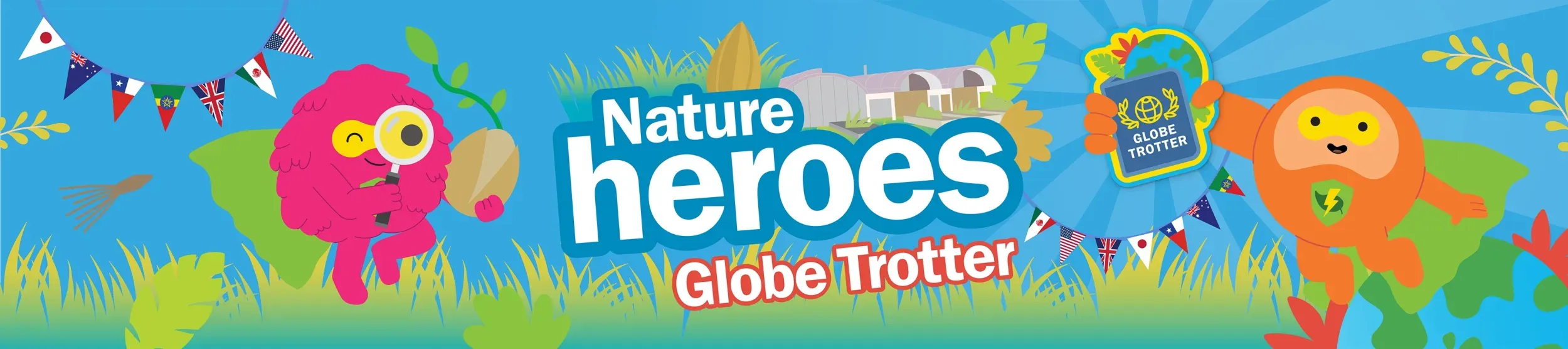 A colourful illustrated banner for Nature Heroes: Globe Trotter