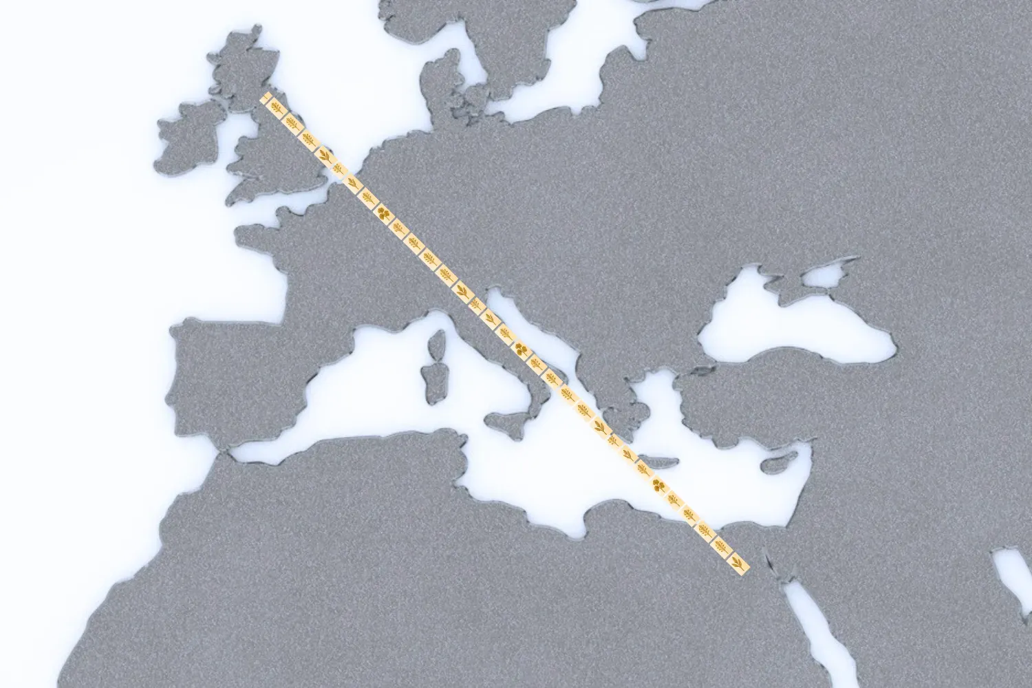 Map of Europe and North Africa with a line stretching diagonally from Edinburgh to Cairo, symbolizing the combined length of Kew's 7.5 million herbarium and fungarium specimens if laid end-to-end.