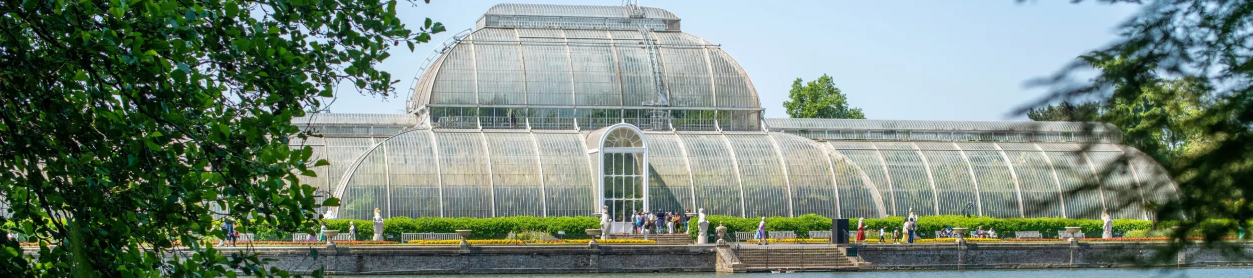 A large glass house viewed through trees on a bright summer's day