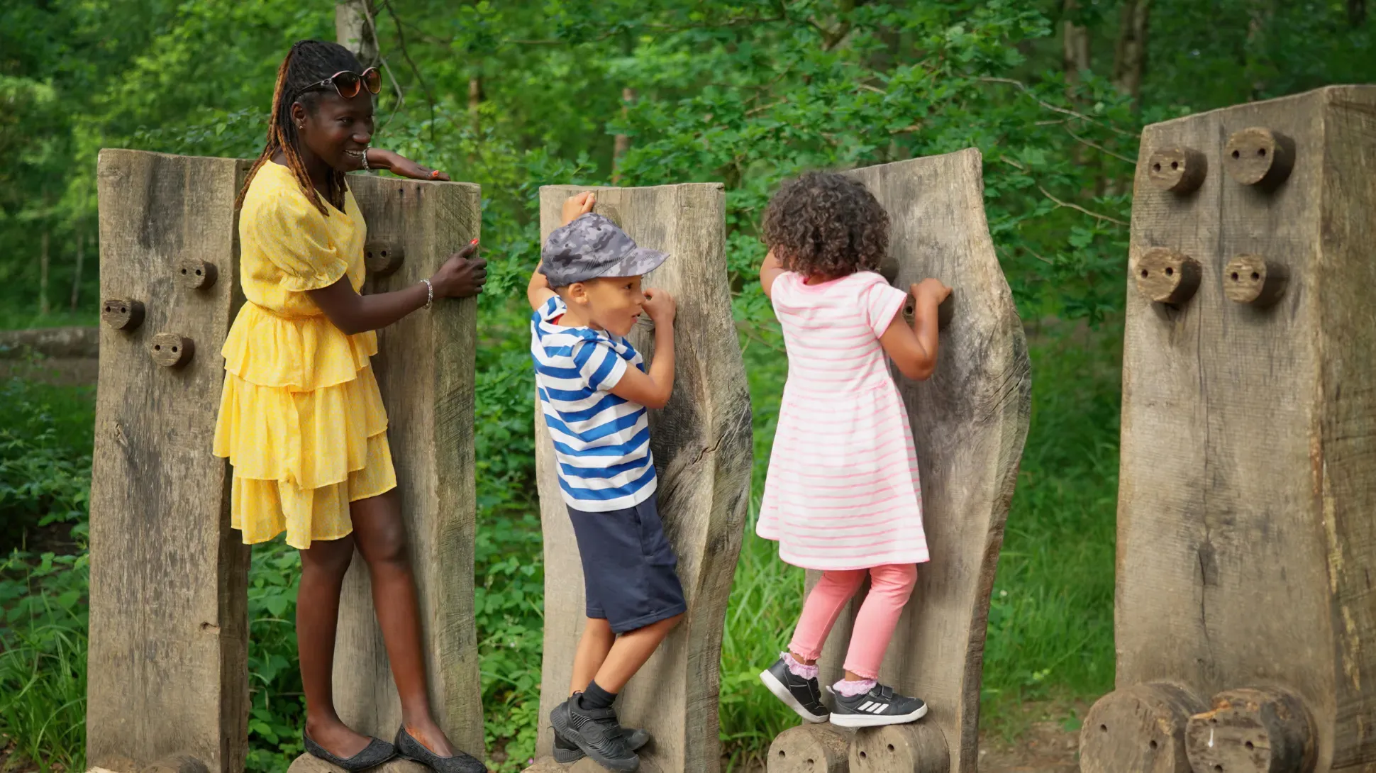 a family climbing on Tree Trunk Trek