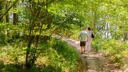 Two people walking in the Wakehurst woodland